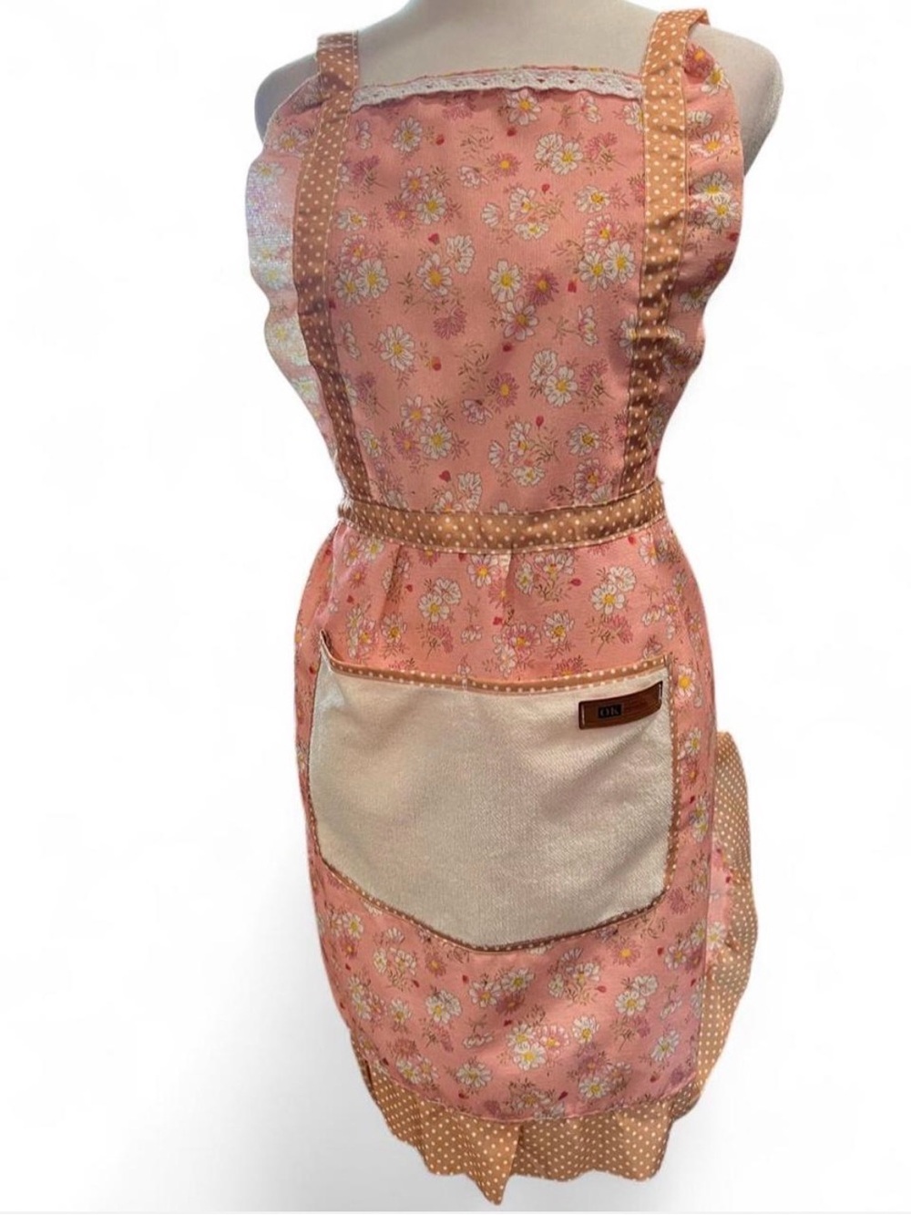 Salmon Floral Apron Terrycloth Pocket